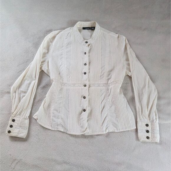 Vintage Lace Button Up Blouse Women's Petite Large Cream Tied Fitted Bohemian - Picture 2 of 8